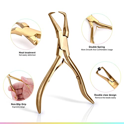 EHDIS Hair Extension Beading Tool Kit Stainless Steel Hair Extensions Micro link Bead Closer and Remover Pliers set, Beads Hair Pulling Hook & Micro Ring Loop Tool Set (Gold) - color: Gold