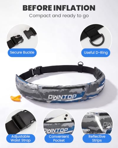 Owntop Manual Inflatable Belt Pack, Adults Swim Jacket with Blowpipe & Whistle, 24g CO2 Cylinder Included, Low Profile for Kayaking, Fishing, Paddle Sports - color: Army Gray, size: One Size