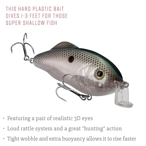 Strike King Hybrid Hunter Shallow Jr. Fishing Lure, Shallow Diving Crankbait, 90-Degree Bill, 3D Eyes, Loud Rattle, Dives 1 to 3-Feet,Size 4 & 6 Treble Hooks - color: Green Gizzard Shad, size: 1 oz