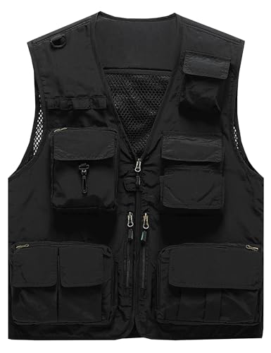 Flygo Men's Casual Lightweight Outdoor Fishing Work Safari Travel Photo Cargo Vest Jacket Multi Pockets - color: Black, size: Small