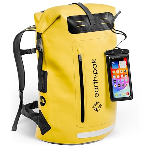 Earth Pak Waterproof Backpack - Heavy Duty Roll-Top Closure with Easy Access Front-Zippered Pocket and Cushioned Padded Back Panel for Comfort with IPX8 Waterproof Phone Case, Yellow, 85L, Messenger - color: Yellow, size: 85L