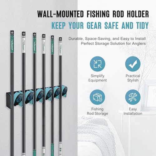 Vertical Fishing Rod Holder, Wall Mounted Fishing Rod Holder, Fishing Pole Rack Holds Up to 6 Rods or Combos, Fishing Rod Holders for Garage, Fits Most Rods of Diameter 3-19mm (1, Blue)