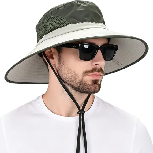 Wide Brim Sun Bucket Hat, Waterproof Boonie Hat for Men & Women | UPF 50+ UV Protection, Adjustable Fit, Chin Strap & Sweatband, Foldable Durable for Fishing Hiking Garden Beach - color: 02 Beige+army Green