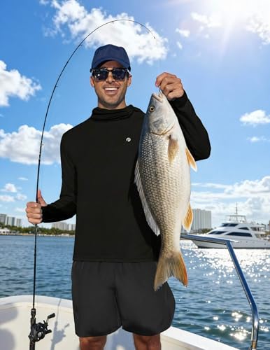 PINSPARK UPF 50+ Sun Protection Hoodie Men with Mask Quick Dry Long Sleeve Fishing Hiking Shirts UV Rash Guard Lightweight - color: Black, size: Small