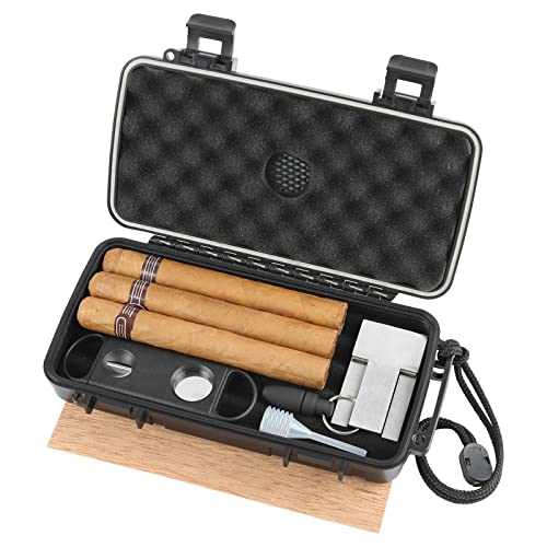 Travel Humidor Box With Cigar Accessories - Spanish Cedar, Humidifier, Cutter, Stand, Punch - Holds 4-5 Cigars - Waterproof, Crushproof, Airtight Seal - size: Store 4-5 cigars