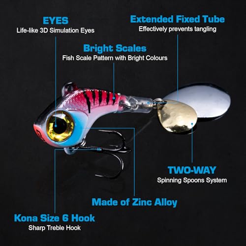 Goture Fishing Lures VIB Tail Spinners Bait Set, Two-Way Spinning Spoon System with Kona Treble Hook, Fixed Tube Anti-Tangle, 3D Eyes Sinking Lures with Tackle Box, Fishing Jigs Fishing Spinner Blade - color: 1/2 oz - 5 Pcs with Box 2.0