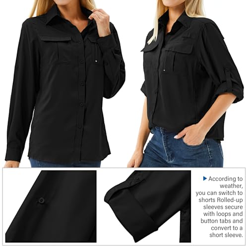 Women's UPF 50 Long Sleeve Sun Protection Shirts Safari Fishing Hiking - color: Black, size: X-Large