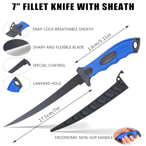 Fishing Tool Kit, 12 Pieces Fishing Gear, Fishing Pliers with Lanyard, Fillet Knife, Fish Lip Gripper, Fly Ice Fishing Hook Knotter, Anti-Cutting Gloves