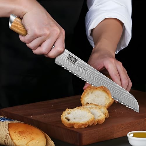 HOSHANHO Bread Knife 8 Inch, Damascus Steel Bread Kitchen Knife with Ergonomic Olive Wood Handle, Professional Ultra-Sharp Serrated Knife for Homemade Bread, Sourdough Bread Cutting - style: 8.1 Inch Bread Knife
