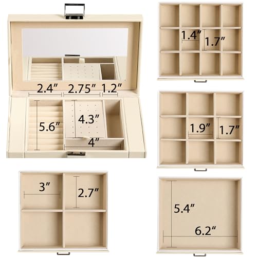 Frebeauty 5-layer Jewelry Box,Faux Leather Jewelry Organizer with 4 Drawers,Jewelry Organizers and Storage with Mirror,Jewelry Holder Organizer for Necklace,Jewerly Boxes for Women Girls(Beige) - color: Beige, size: Medium
