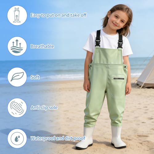 SooGree Kids Chest Wader with Non-Slip Boots,Youth Fishing Hunting Waterproof Waiters, Children Boys Girls Breathable Waders - color: Candy Green, size: Foot length：8.07"；Height：51.18"-55.11"