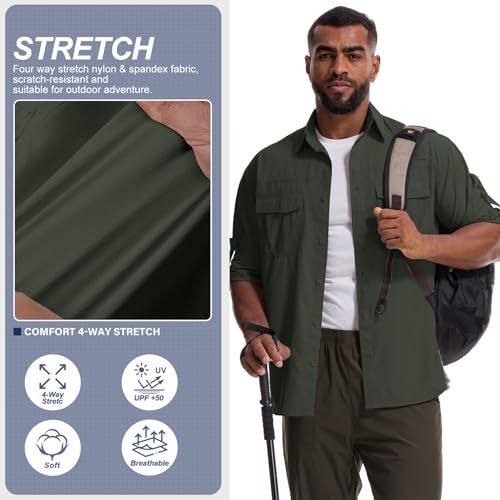 Mens Safari Sun Shirts UPF 50+ UV Sun Protection Long Sleeve Outdoor Quick Dry Fishing Hiking Gardening Shirts - color: 5051 Army Green, size: Large