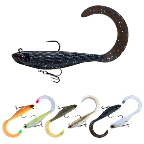 Pre-Rigged Soft Fishing Lures with Weedless Hook, Lifelike Paddle Tail Swimbaits for Bass Fishing, Freshwater & Saltwater Curly Type Tail Soft Plastic Baits for Bass, Pike, Trout, and Walleye. - color: B2-4"-0.56oz