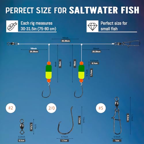 Pompano Rig Saltwater Surf Fishing Rigs – Double Drop Leader Rigs with Hooks, Floats, Beads & Snap – Easy Pre-Tied Terminal Tackle for Pompano, Whiting, Redfish - color: Assorted Colors–H, size: 12 Pack