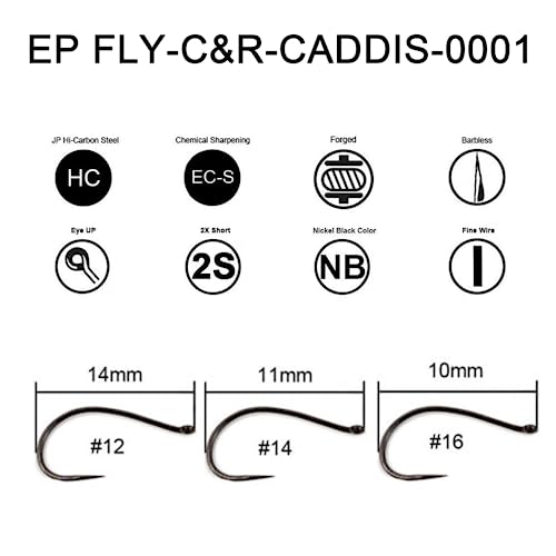 Eupheng Fly Fishing Hooks 100pc Pack Barbless Catch & Release Dry Wet Nymph Shrimp&Pupa, Streamer, Caddis, Jig, Scud Flies Fishing Hooks - color: EP Fly-C&R-CADDIS-0001, size: #16