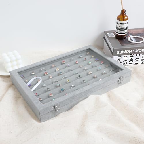 Wudygirl 7 Slot Ring Holder Velvet Jewelry Organizer Jewelry Tray for Drawer Rings Storage Ring Display Showcase Tray Stackable(Ring Box) - color: Gray, size: Ring