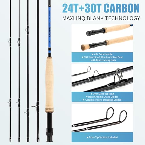 Maxcatch Extreme-X Fly Fishing Rod and Reel Combo, 3-8wt Complete Starter Fishing Outfit with Fly Box, Flies, Rod Clip Holder, Rod Case, Extra Tip Section - size: 6wt-9' 4pc Rod, 5/6wt Reel
