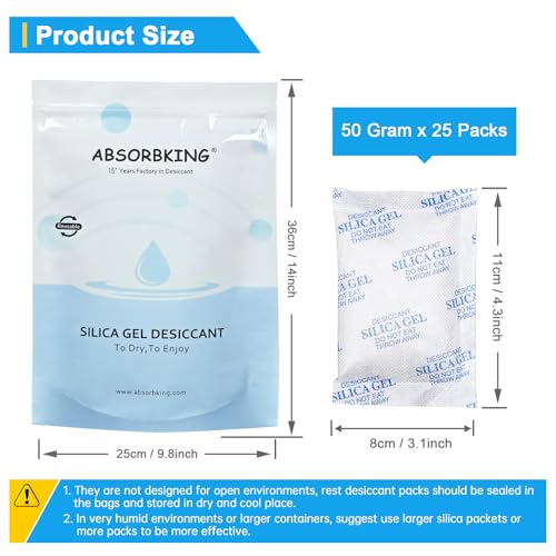 Absorbking Silica Gel Packets, 50 Gram 25 Packs Food Safe Moisture Absorbers, Desiccant Packs for Storage, Reusable Desiccant for Foods, Storage Bins, 3D Filaments, Electronics, Safes - size: 50g(25-pack)