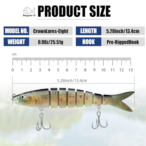 Crown Fishing Lures 8 Segment Realistic Swimbait with 3D Eyes Vibrating Actions,Smooth Lifelike Swimming for More Bites,Reinforced Fiber Joint
