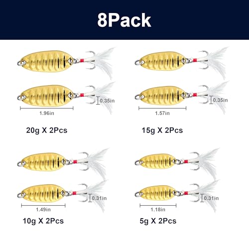 8Pcs Fishing Spoons with Rooster Tail Treble Hooks, Spinner Bait Kit for Bass Salmon Trout 3/16oz 3/8oz 1/2oz 3/4oz