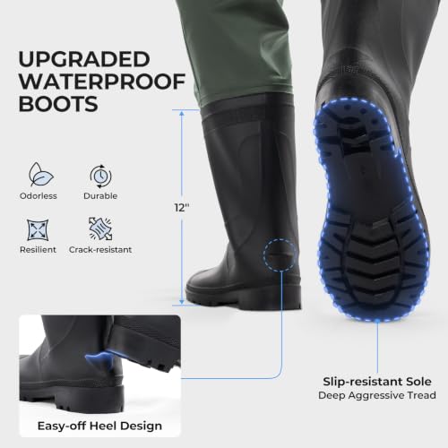 Calamus WaveWalker Waist Waders for Men, 100% Waterproof RipShield Fabric, Slip-Resistant Boots, Moisture-Wicking Insoles - color: Military Green, size: 10