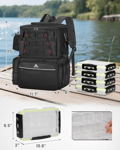 MATEIN Fishing Backpack with 4 Tackle Boxes, Fishing Bag with Rod Holder & Safety Compass & Cooler, Gifts for Fishermen - color: Black