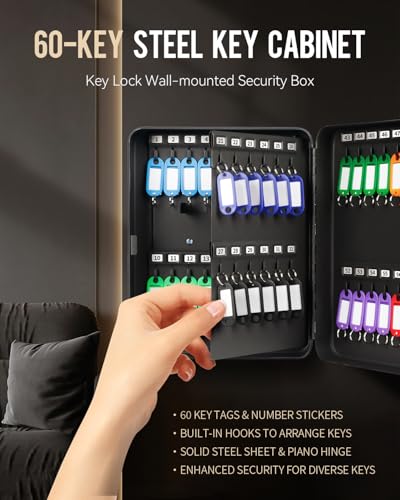 Uniclife 60 Position Key Cabinet with Key Lock Wall Mounted Black Security Storage Box Steel Key Organizer with Colorful Key Tag Labels Stickers and Hooks - color: Black, size: 60-Key