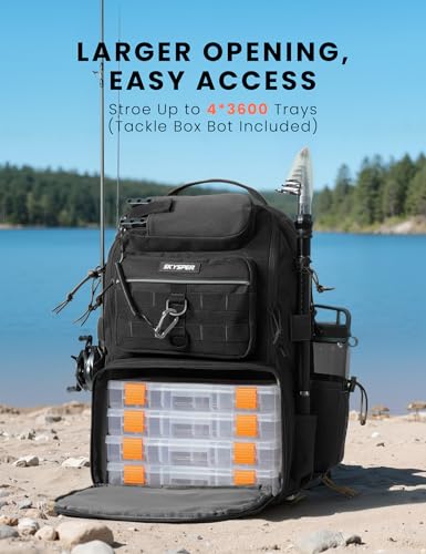 SKYSPER Tackle Backpack Fishing Bags with Rod Holder, 40L Water-Resistant Tackle Box Storage Bag for Fishing Gear Lures(Black) - color: Black