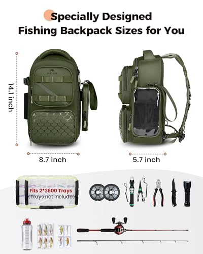 MATEIN Fishing Sling Bag with Lure Rod Holder & Phone Pouch, Waterproof 3600 Tackle Box Backpack with Removable Bait Binder - color: Olive Green