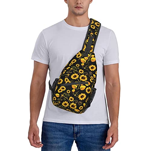 Sunflower Sling Bag Crossbody Backpack for Men Women Seamless Sunflower Leaves Yellow Flowers on Black Background Chest Bag Adjustable Casual Shoulder Backpack Travel Hiking Daypack - color: Yellow Sunflower Leaves
