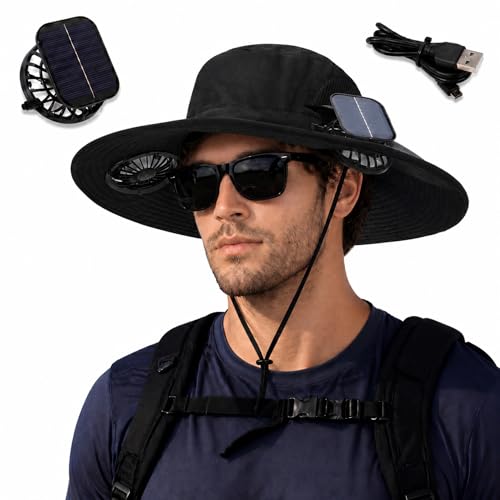 Berlune Sun Hat with 2 Solar Fan Wide Brim Fishing Bucket Hat USB & Solar for Men Women UPF 50+ Cooling for Fishing Beach - color: Black, size: 5.9 Inch Brim