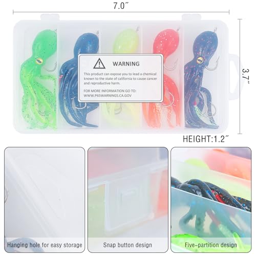 5 Pack Octopus Fishing Soft Lures Swimbait with Skirt Tail Lingcod Rockfish Jigs Baits Trolling Lures for Saltwater Fishing
