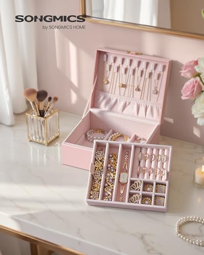 SONGMICS 2-Layer Jewelry Box Organizer, Jewelry Storage Case with Removable Tray and Handle, for Necklaces, Earrings, Rings, Bracelets, 6.7 x 8.1 x 3.7 Inches, Gift Idea, Jelly Pink UJBC208SA01S - color: Jelly Pink