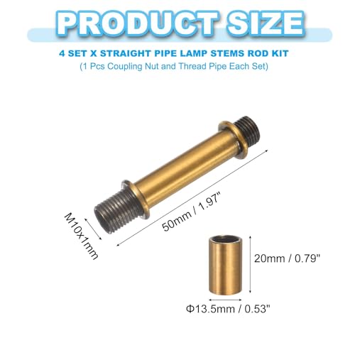 PATIKIL Straight Pipe Lamp Stems Rod Kit, 4 Set M10 Carbon Steel 50mm(1.97") Long Double End Thread Rod with Coupling Nuts Sleeve Connector for Table Lamps Chandeliers,Copper Gold - color: Copper Gold, size: 50mm(1.97")