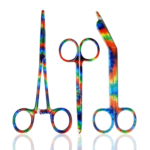 CynaMed Hemostat and Scissors Set (3-Piece) – Suture Removal Scissors, Lister Bandage Scissors, and Hemostatic Forceps (Multicolor Tie-Dye Design)