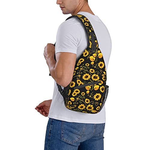 Sunflower Sling Bag Crossbody Backpack for Men Women Seamless Sunflower Leaves Yellow Flowers on Black Background Chest Bag Adjustable Casual Shoulder Backpack Travel Hiking Daypack - color: Yellow Sunflower Leaves