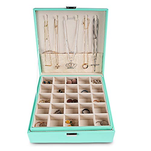 Frebeauty Earring Organizer Classic Jewelry Box 50 Slots Double Layer Jewelry Storage Case with 6 Necklace Hook and Bracelet Pocket(Turquoise) - color: Turquoise