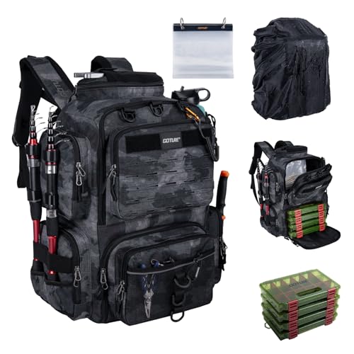 Goture Fishing Backpack with 4 Tackle Boxes,900D Water-Resistant Tackle Backpack with Rod Holders,SBS Zippers,45L Large Tackle Storage Gear Bag with Rain Cover,Bottle Holder for Travel Camping Hiking - color: A1:28# Camo, size: Include 4 Tackle Boxes