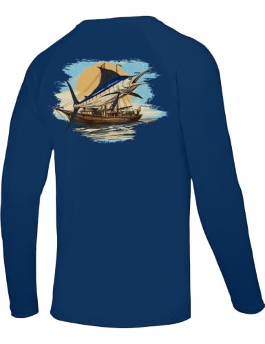 Men's UPF 50+ Sun Fishing Shirt, Long Sleeve UV Protection Tee, Quick Dry Rash Guard for Outdoor Swim Hiking - color: Cobalt Blue (Retro Marlin), size: Small