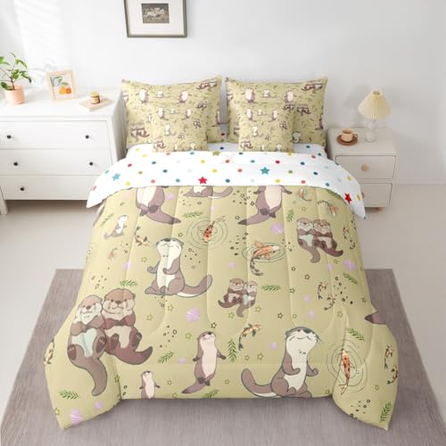 Erosebridal Lap Otter Comforter Set with Sheets Queen Size Shell 7-Piece Bedding Set for Kids Boys Girls Sea Otters Koi Fish Cute Cartoon Starry Beige Brown Lightweight Bed in A Bag - color: Beige Brown, size: Queen
