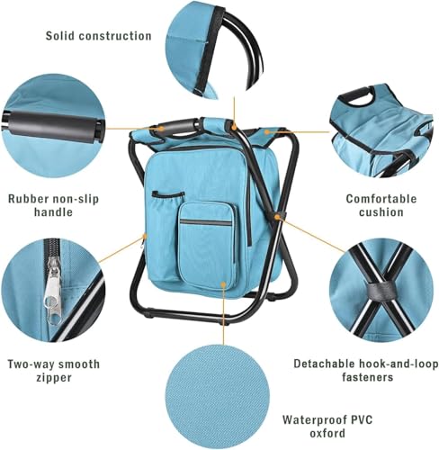 Kikerike Backpack Stool Cooler Chair Heavy Duty 300 LBS Max Load Portable Lightweight Folding Fishing Cooler for Camping Hunting Fishing - Sky Blue - color: Sky Blue