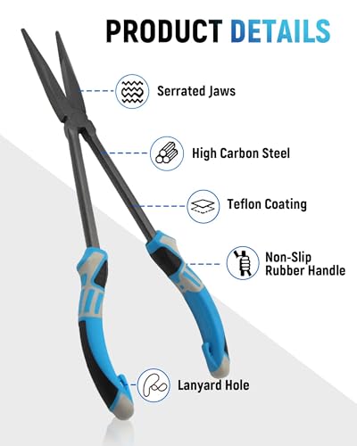 11" Long Nose Fishing Pliers, Straight & Bent Jaws, PTFE Coated Corrosion Resistant, Hook Remover & Braid Cutter Fishing Needle Nose Pliers, Saltwater Freshwater Gear for Bass Snook Trout - color: Red - Curved Needle Nose Pliers