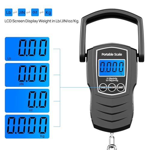 75Kg/165Lb Digital Luggage Scale for Travel, Fishing Weight Scale Unit with 1.5M Measuring Tape, Suitcase Weight Unit Can Switch Kg/Lb/Jin/Oz 4 Units, with Hook, Battery Included - color: black
