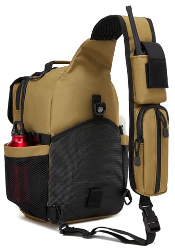 Tactical Sling Crossbody Bag Holster Shoulder Backpack 15L Water Bottle Holder Radio Pouch 6 Elastic Slots for Men Women Hiking Hunting Shooting - color: Brown Tan
