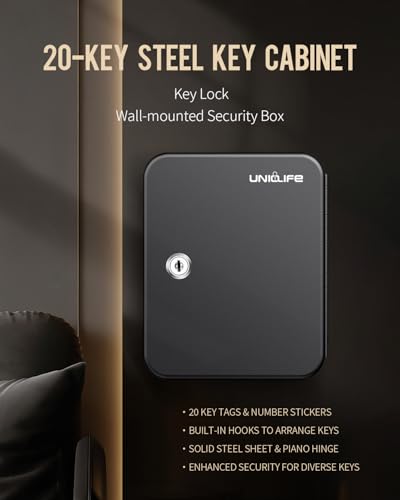 Uniclife 20 Position Key Cabinet with Key Lock Wall Mounted Black Security Storage Box Steel Key Organizer with Colorful Key Tag Labels Stickers and Hooks - color: Black, size: 20-Key