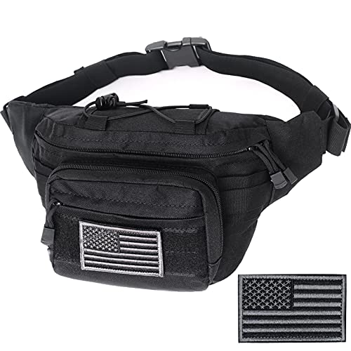 Tactical Fanny Pack, Military Waist Bag Hip Belt Bumbag Utility Bags for Outdoor Hiking Climbing Fishing with U.S Patch (Black) - color: 1 Pack Black