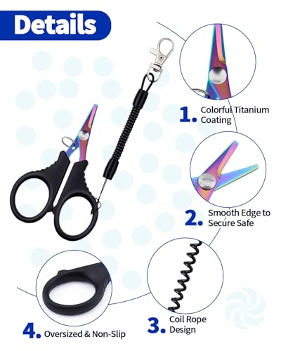 3 Pieces Fishing Scissors, Stainless Steel Fishing Line Cutter &braided Line Cutter, Cutters with Titanium Coating-Fishing with Hook and Retractable Coil Lanyards Fishing Accessories (Colorful) - color: Colorful