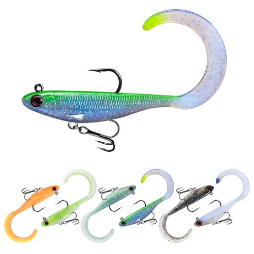 Pre-Rigged Soft Fishing Lures with Weedless Hook, Lifelike Paddle Tail Swimbaits for Bass Fishing, Freshwater & Saltwater Curly Type Tail Soft Plastic Baits for Bass, Pike, Trout, and Walleye. - color: B-2.5"-0.19oz