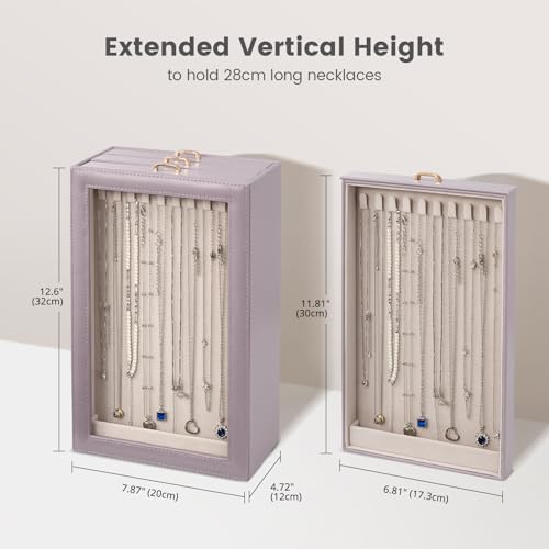 Lolalet Necklace Organizer Box, Jewelry Storage Box with Clear Window for Necklaces Bracelets, Tangle-Free Necklace Display Case for Women Girls, Dusty Purple, 3 Layers 30 Hooks - color: Dusty Purple, size: 3 Layers, 30 Hooks