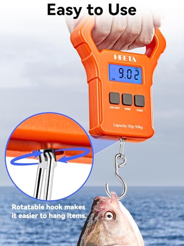 HEETA Fish Scale, 110lb/50kg Digital Portable Hanging Fishing Weight Scale with Backlit LCD Display, Luggage Scale with Hook, Non-Slip Large ABS Handle & 2 AAA Batteries, Fishing Gifts Gear for Men - color: Orange